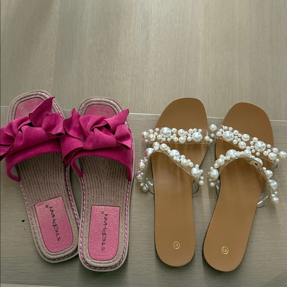 👡 Women’s Sandal Bundle – Size 41 – Pink Ruffle Slides + Pearl Strap Sandals - Picture 1 of 13